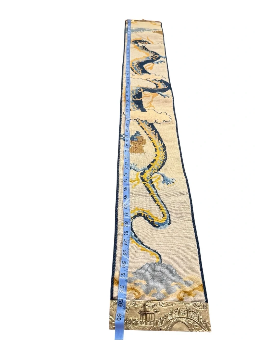Vintage Asian Chinese Needlepoint Hanging Dragon Wall Art 60”x 7” Tapestry Brass